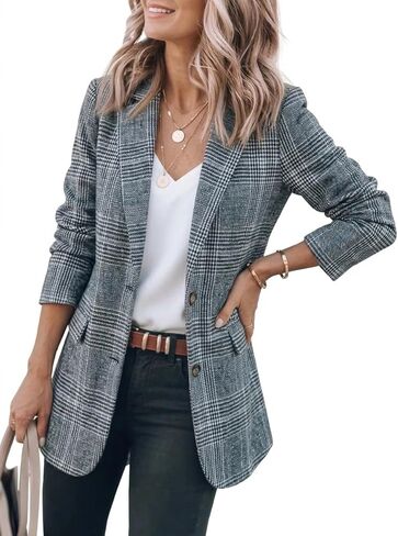 IDEALSANXUN Womens Tweed Blazer Casual Plaid Houndstooth Blazer Work Suit Jackets in Kuwait
