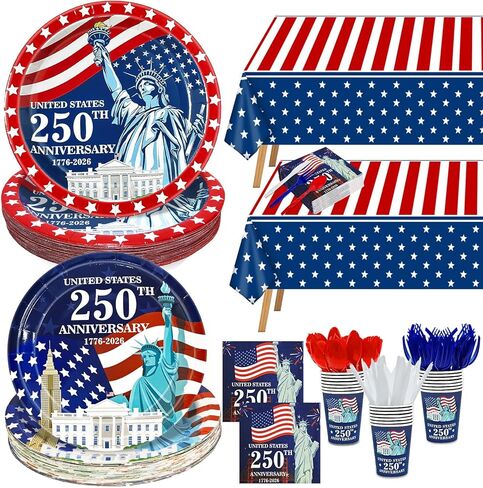 141 Pcs 4th of July Decorations American Flag Patriotic Party Supplies - Serve 20 - Set of 40 Plates 20 Napkins 20 Cups 1 Tablecloth, 60 Knives Forks Spoons, Red White Blue Decor for Independence Day in Saudi Arabia
