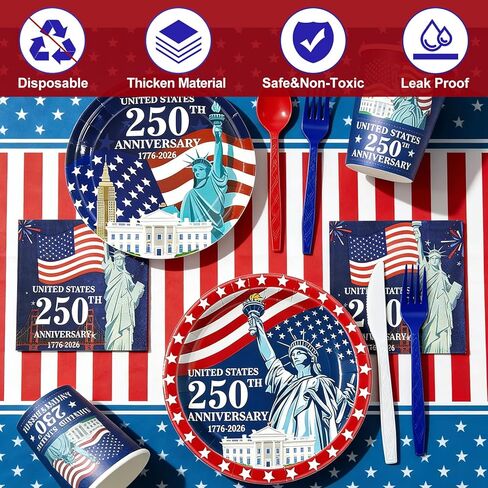 141 Pcs 4th of July Decorations American Flag Patriotic Party Supplies - Serve 20 - Set of 40 Plates 20 Napkins 20 Cups 1 Tablecloth, 60 Knives Forks Spoons, Red White Blue Decor for Independence Day in Saudi Arabia