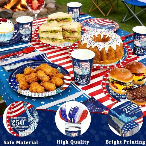 141 Pcs 4th of July Decorations American Flag Patriotic Party Supplies - Serve 20 - Set of 40 Plates 20 Napkins 20 Cups 1 Tablecloth, 60 Knives Forks Spoons, Red White Blue Decor for Independence Day in Saudi Arabia