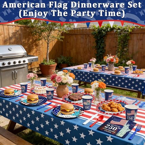 141 Pcs 4th of July Decorations American Flag Patriotic Party Supplies - Serve 20 - Set of 40 Plates 20 Napkins 20 Cups 1 Tablecloth, 60 Knives Forks Spoons, Red White Blue Decor for Independence Day in Saudi Arabia