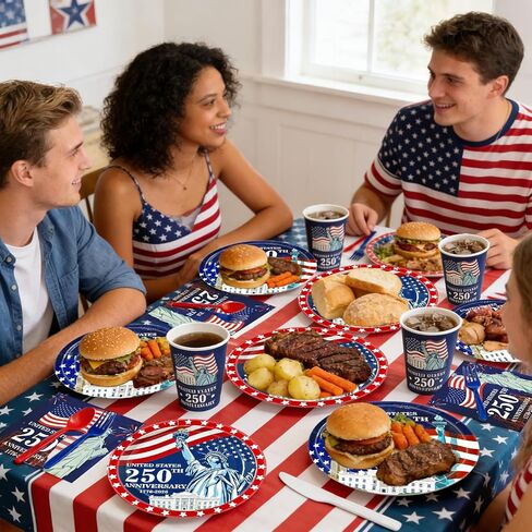 141 Pcs 4th of July Decorations American Flag Patriotic Party Supplies - Serve 20 - Set of 40 Plates 20 Napkins 20 Cups 1 Tablecloth, 60 Knives Forks Spoons, Red White Blue Decor for Independence Day in Saudi Arabia