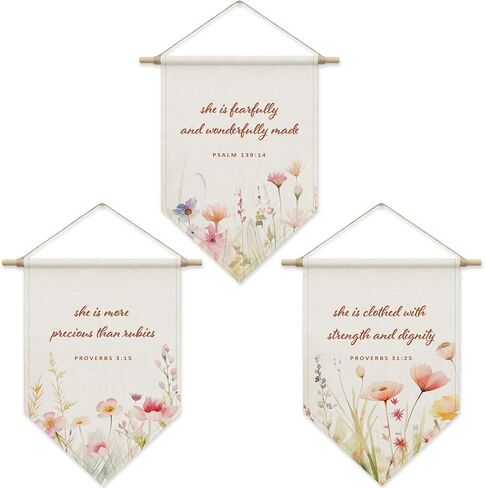 Christian Gifts Poster Hanger Frame, Wildflower Nursery Wall Art for Baby Girls Toddler Kids, Bible Verse Wall Decor for Bedroom Playroom Front Door, Boho Floral Pennant Flag Banner Set of 3 in Kuwait