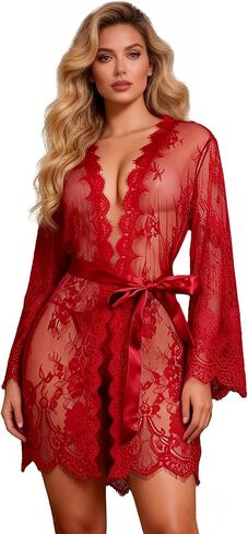 ohyeahlady Plus Size Lace Robe Babydoll Lingerie Mesh Nightgown Open Front Sleepwear V Neck Sexy Kimono Chemise Nightie in Kuwait