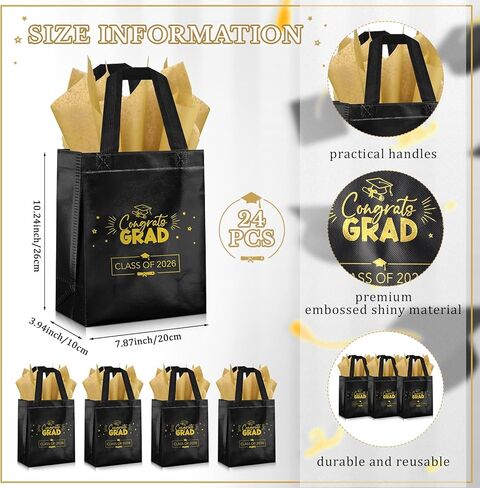 Cholemy 24 Set Graduation Gift Bags Class of 2025 Metallic Graduation Bag with Handle Congrats Bags with Tissue Paper(Black) in Saudi Arabia