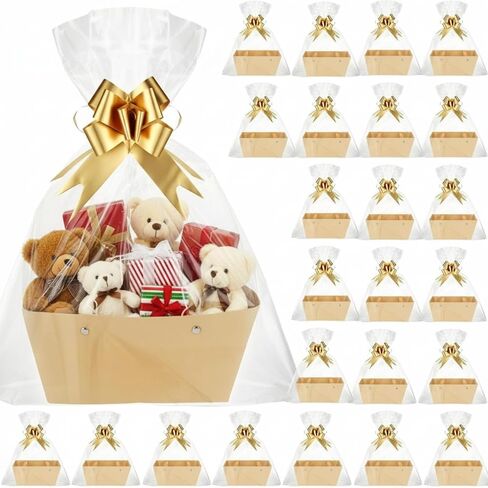 PerKoop 24 Pack Baskets for Gifts Bulk DIY Empty Gift Basket with Handles Kraft Cardboard Tray 24 Bags 24 Bows for Mother's Day Bridal Shower Graduation Wedding Birthday, 6.5 x 9.8 Inch(Khaki) in Saudi Arabia