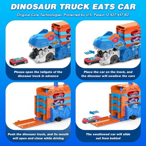 Dinosaur Transport Truck Car Toy for Kids - 3 in 1 Ejection Folding Track Toys w/Sound, Portable Truck with 8 Race Cars, Best Gift Carrier Vehicles Toys Set for Boys Girls 3 4 5 6 Years Old in Kuwait