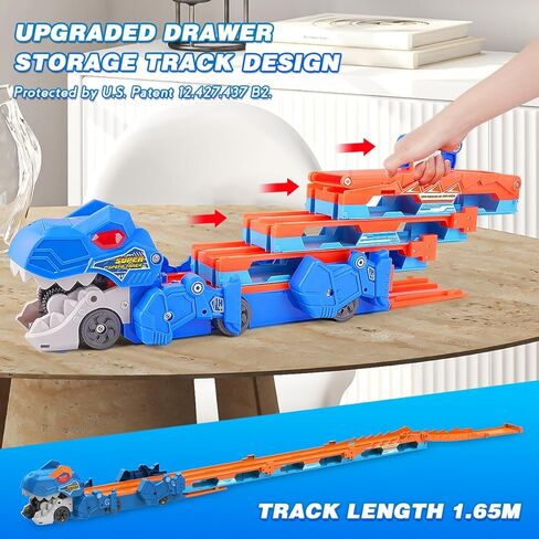 Dinosaur Transport Truck Car Toy for Kids - 3 in 1 Ejection Folding Track Toys w/Sound, Portable Truck with 8 Race Cars, Best Gift Carrier Vehicles Toys Set for Boys Girls 3 4 5 6 Years Old in Kuwait