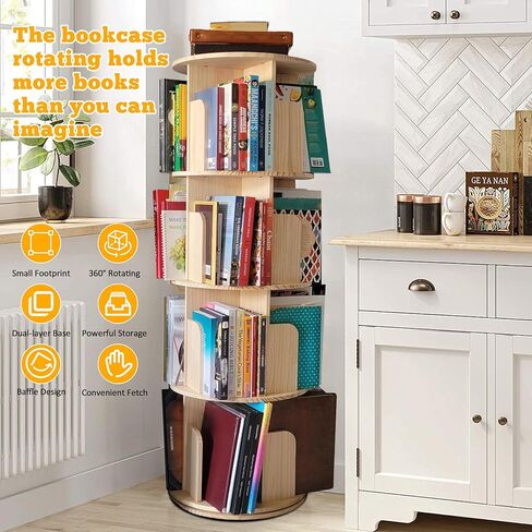 Rotating Bookshelf, Wood Bookshelf Corner Bookshelf, 360 Display 5 Tier Spinning Bookshelf Tower Lazy Susan, Tall Bookcase Storage Rack for Kids&Adults, Revolving Bookcase Book Shelf for Bedroom in Saudi Arabia