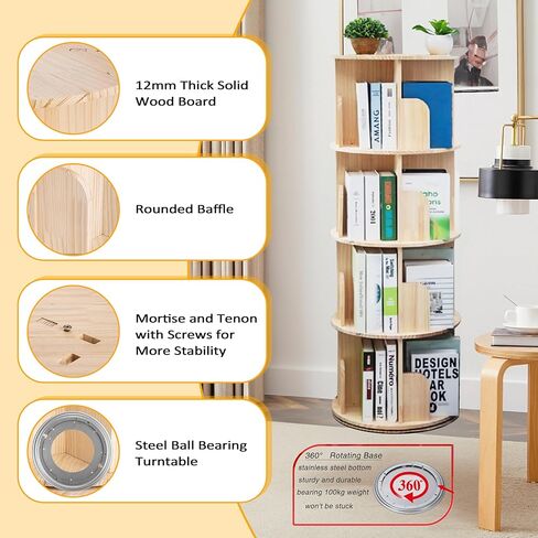 Rotating Bookshelf, Wood Bookshelf Corner Bookshelf, 360 Display 5 Tier Spinning Bookshelf Tower Lazy Susan, Tall Bookcase Storage Rack for Kids&Adults, Revolving Bookcase Book Shelf for Bedroom in Saudi Arabia