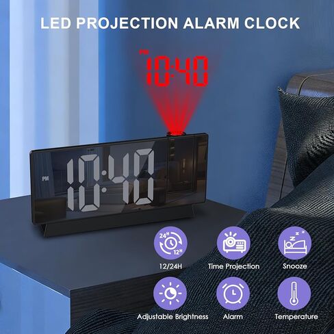 JXTZ Projection Alarm Clock, Large Screen Projector Clock for Bedroom Ceiling, Digital Clock with 180° Projector, 4 Levels Brightness, Alarm Clock Projector with Temperature Date Snooze 12H/24H in Kuwait