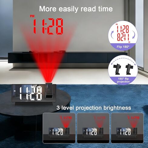 JXTZ Projection Alarm Clock, Large Screen Projector Clock for Bedroom Ceiling, Digital Clock with 180° Projector, 4 Levels Brightness, Alarm Clock Projector with Temperature Date Snooze 12H/24H in Kuwait
