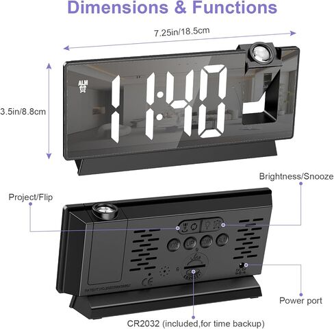 JXTZ Projection Alarm Clock, Large Screen Projector Clock for Bedroom Ceiling, Digital Clock with 180° Projector, 4 Levels Brightness, Alarm Clock Projector with Temperature Date Snooze 12H/24H in Kuwait