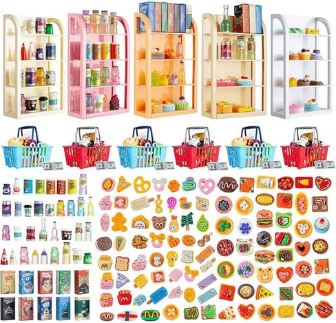 164 قطعة من أرفف السوبر ماركت المصغرة نموذج الأثاث 4 طبقات رف عرض رف بيت الدمية ملحقات تخزين رف الكتب ملحقات خزانة صغيرة ديكور زجاجة الطعام والشراب لعبة الحفلات التنكرية in Kuwait