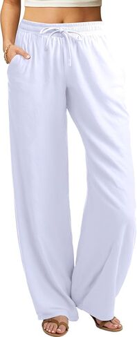 سروال غير رسمي للسيدات في الصيف ، سروال شاطئ ، سروال شاطئي مرتفع خصر ، ساق مستقيمة ساق بالازو ، جيوب in Kuwait