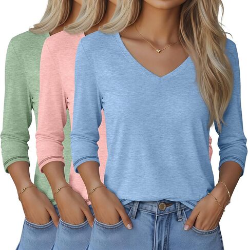 Ficerd 3 Pack Women's 3/4 Sleeve T Shirts, V Neck Cotton Shirts Casual Loose Fit Basic Tunic Tops Solid Summer Trendy Tees in Kuwait