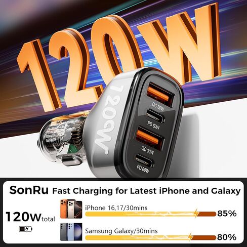 شاحن سيارة USB C بقوة 120 وات، محول شاحن سيارة USB ولاعة سجائر 4 منافذ SONRU، [2 PD 60W+2 QC3.0 30W] شحن سريع لهاتف iPhone 14 Pro Max Galaxy S23/22 Google Pixel LG iPad Air in Kuwait