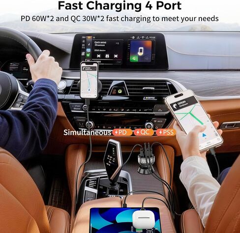 شاحن سيارة USB C بقوة 120 وات، محول شاحن سيارة USB ولاعة سجائر 4 منافذ SONRU، [2 PD 60W+2 QC3.0 30W] شحن سريع لهاتف iPhone 14 Pro Max Galaxy S23/22 Google Pixel LG iPad Air in Kuwait