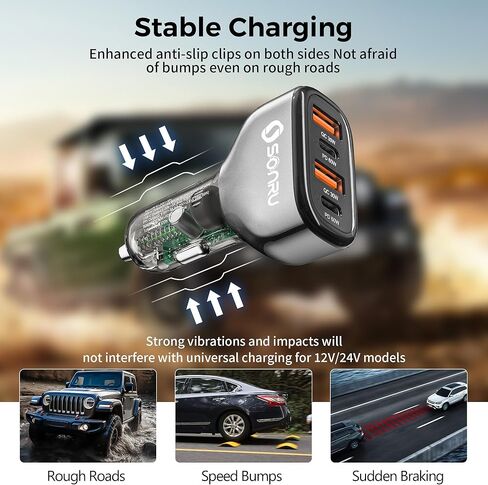 شاحن سيارة USB C بقوة 120 وات، محول شاحن سيارة USB ولاعة سجائر 4 منافذ SONRU، [2 PD 60W+2 QC3.0 30W] شحن سريع لهاتف iPhone 14 Pro Max Galaxy S23/22 Google Pixel LG iPad Air in Kuwait