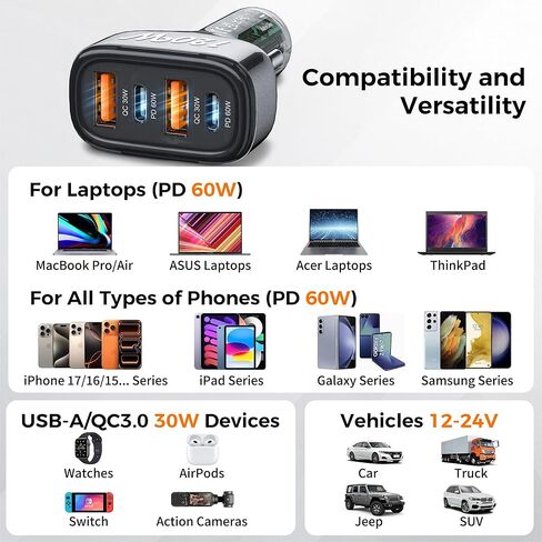 شاحن سيارة USB C بقوة 120 وات، محول شاحن سيارة USB ولاعة سجائر 4 منافذ SONRU، [2 PD 60W+2 QC3.0 30W] شحن سريع لهاتف iPhone 14 Pro Max Galaxy S23/22 Google Pixel LG iPad Air in Kuwait