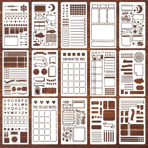 16 Pcs Journal Stencils Bullet Dotted Journals Supplies Happy Planner Stencil Drawing Templates Accessories Kit for Create Calendars Schedule Journaling DIY Notebook Cards Scrapbook Decorations in Kuwait