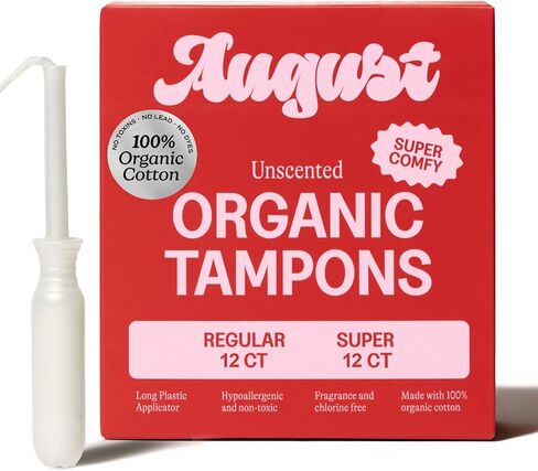 August Super + Regular Tampons - 24-Pack (12 + 12) 100% Organic Cotton Tampons for Women and Anyone Who Menstruates, Non-Toxic, Fragrance-Free, and Hypoallergenic with Long Applicators in Kuwait