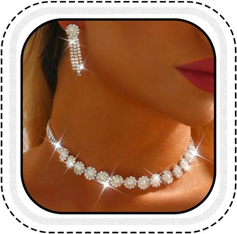 Unicra Silver Rhinestone Choker Necklace Earrings Sets Bridal Wedding Jewelry Set Prom Costume Jewelry for Women and Brides in Kuwait
