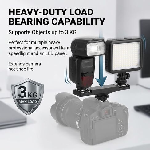 Dual Hot Shoe Splitter, Multifunctional Dual Hot Shoe Flash Light Bracket, Dual Hot Shoe Mount Plate Adapter, High Loading Accessories for Camera Camcorder (for) in Kuwait