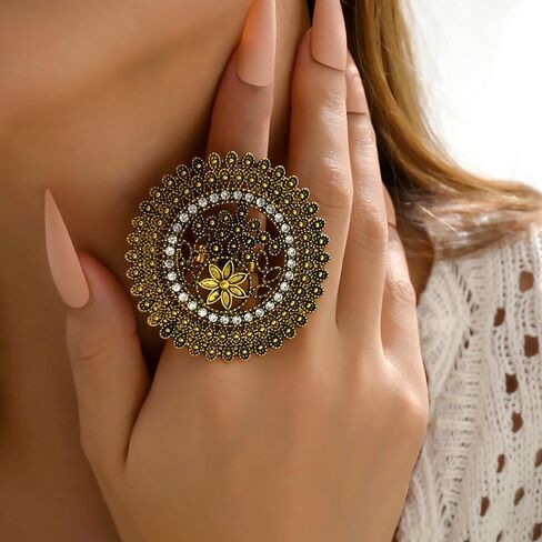 HUASAI Gold Statement Ring Vintage Ethnic Ring for Women Indian Ring Chunky Ring Big Flower Ring Gold Flower Ring Jewelry Gift for Girls in Kuwait