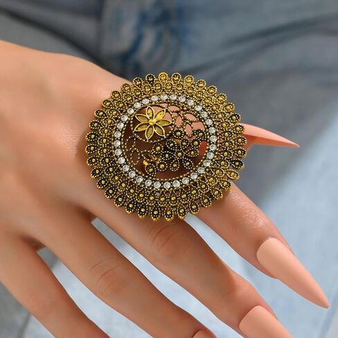 HUASAI Gold Statement Ring Vintage Ethnic Ring for Women Indian Ring Chunky Ring Big Flower Ring Gold Flower Ring Jewelry Gift for Girls in Kuwait