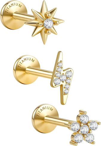G23 G23 Gradant Titanium Flat Back Strains 5A CZ STUDS: 14K GOLD HYPOALLERGENIC 3 PCS 18G Tragus Cratilage Conch Helix Jewelry for Ambelation Ayts Beasontic in Kuwait