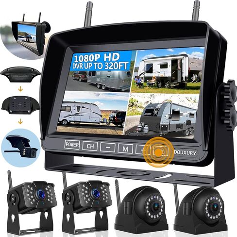 كاميرا RVBackup لاسلكية لشاحنة RV مقطورة العربة الرقمية 3 كاميرات رؤية خلفية/جانبية وHD 1080P 4 شاشة 7 بوصة مع محول للرؤية الليلية السلكية مسبقًا IP69 مقاومة للماء بزاوية رؤية واسعة 170 درجة in Kuwait