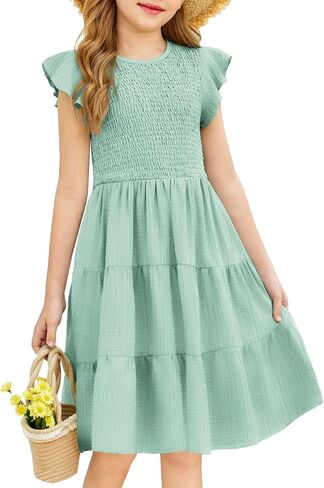 Arshiner Girls Dress Summer Ruffle Sleeve Smocked Tiered Casual Party Sundress with Pockets in Saudi Arabia