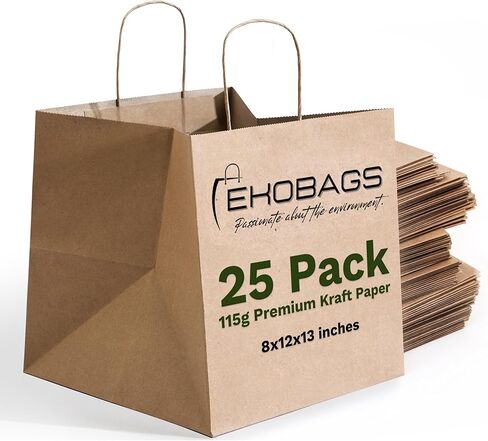 ekobags. أكياس هدايا Sienna Kraft مع مقابض | أكياس الورق البني القوي بشكل كبير للتجزئة والتسوق وفضلات الحفلات والأعمال التجارية الصغيرة | 100 ٪ قابلة لإعادة التدوير والمستدامة | 12x8x13 بوصة ، 100 حزمة in Kuwait