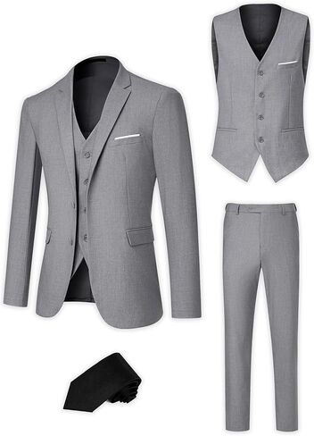 Men's Suit Slim Fit 3 Pieces Suit Set, Business Casual Suits for Men Two Button Soild Jacket Vest Pants Set with Tie in Kuwait
