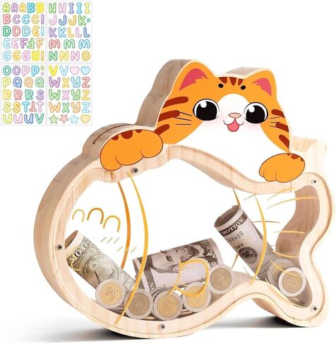 Wooden Cat Piggy Bank for Kids ، صندوق أموال الأطفال غير القابل للكسر مع ملصقات رسائل ، بنك أموال نقود خشبية ، هدية عيد ميلاد قابلة للتخصيص ، تعليمية للفتيان ، كبيرة in Kuwait