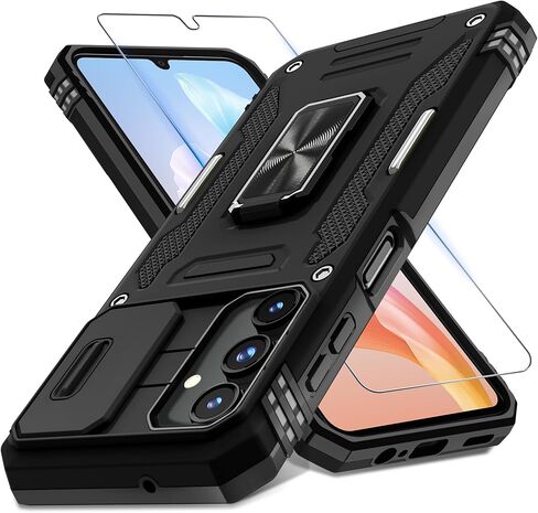 حافظة DEERLAMN لهاتف Samsung Galaxy S23 FE مع غطاء كاميرا منزلق + واقي شاشة (عبوة واحدة)، مسند حلقي دوار غطاء واقٍ مقاوم للصدمات بدرجة عسكرية - أسود in Kuwait