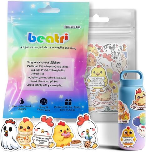 BEATRI Funny Chicken Stickers 50Pcs Vinyl Waterproof Chicken Rooster Stickers for Water Bottle Cartoon Stickers Rooster Cartoon Chicken Decals for Teens Boy Girls Kids in Kuwait