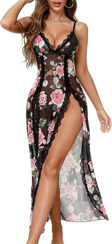 Women Lingerie Lace Babydoll Chemise Nightwear Sexy Mesh Nightdress Side Split Nightgown in Kuwait