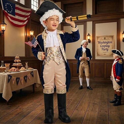 IKALI Kids George Washington Costume With Wig and Hat Accessories, Boys Children Hamilton American Colonial Day Outfit in Kuwait