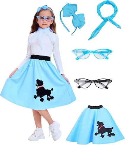 زي تنورة بودل للفتيات - طراز الخمسينيات من القرن العشرين، تنورة، عصابة رأس، وشاح، نظارات - الهالوين، الحفلات، الطراز القديم in Kuwait