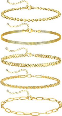 CAROVO Gold Bracelets for Women Waterproof Dainty 14K Gold Plated Stackable Cuban Beaded Link Snake Lip Paperclip Chain Bracelets Fashion Jewelry Gift for Women in Kuwait
