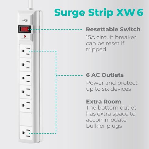 شريط طاقة KMC 6-Outlet Surge Protector، 2-Pack، 1200 Joules، سلك 6ft، منفذ محول متباعد، حماية من التحميل الزائد، رمادي in Kuwait