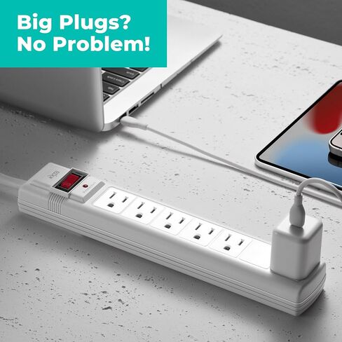 شريط طاقة KMC 6-Outlet Surge Protector، 2-Pack، 1200 Joules، سلك 6ft، منفذ محول متباعد، حماية من التحميل الزائد، رمادي in Kuwait