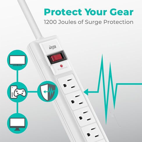 شريط طاقة KMC 6-Outlet Surge Protector، 2-Pack، 1200 Joules، سلك 6ft، منفذ محول متباعد، حماية من التحميل الزائد، رمادي in Kuwait