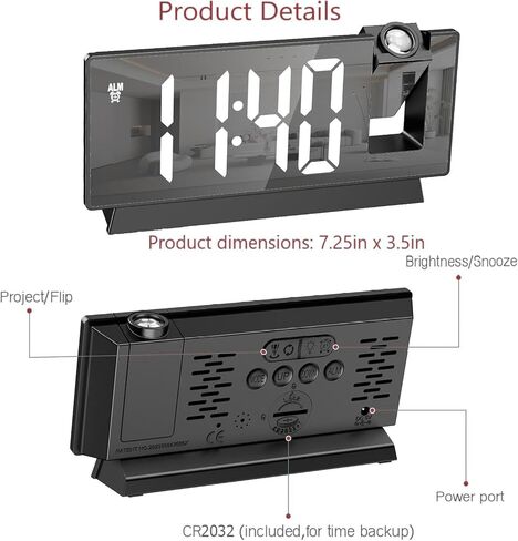 LOFICOPER Projection Alarm Clock, 7.8" Mirror Digital Clock with 180° Rotatable Projector, 4-Level Brightness, Snooze, 12/24H, USB Charging, Desk Clock for Home Bedroom Decor Office in Kuwait