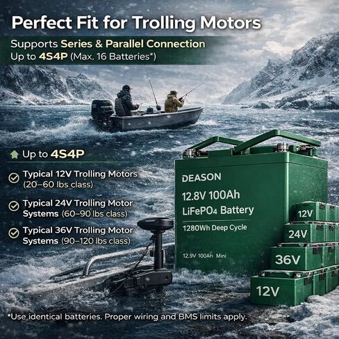 DEASON 12V 100Ah Mini LiFePO4 Lithium Battery - 100A BMS, 10-Year Lifespan, Up to 15000 Cycles, Max. 1280Wh Energy in Small Size, Perfect for RV, Solar, Trolling Motor, Boats, kayaking, Marine etc. in Kuwait