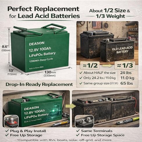DEASON 12V 100Ah Mini LiFePO4 Lithium Battery - 100A BMS, 10-Year Lifespan, Up to 15000 Cycles, Max. 1280Wh Energy in Small Size, Perfect for RV, Solar, Trolling Motor, Boats, kayaking, Marine etc. in Kuwait