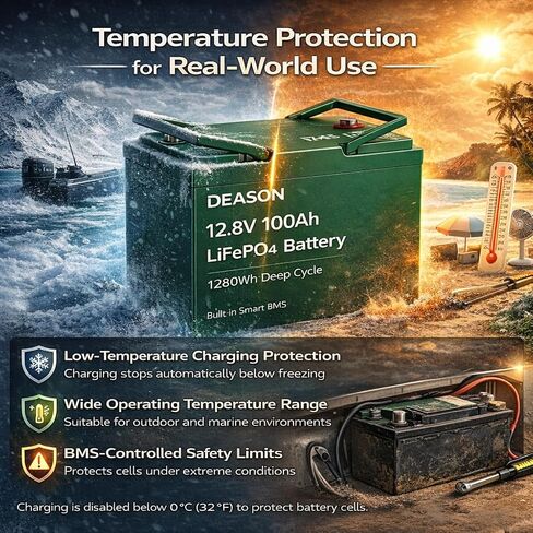 DEASON 12V 100Ah Mini LiFePO4 Lithium Battery - 100A BMS, 10-Year Lifespan, Up to 15000 Cycles, Max. 1280Wh Energy in Small Size, Perfect for RV, Solar, Trolling Motor, Boats, kayaking, Marine etc. in Kuwait