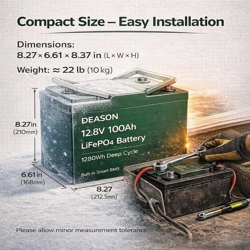 DEASON 12V 100Ah Mini LiFePO4 Lithium Battery - 100A BMS, 10-Year Lifespan, Up to 15000 Cycles, Max. 1280Wh Energy in Small Size, Perfect for RV, Solar, Trolling Motor, Boats, kayaking, Marine etc. in Kuwait